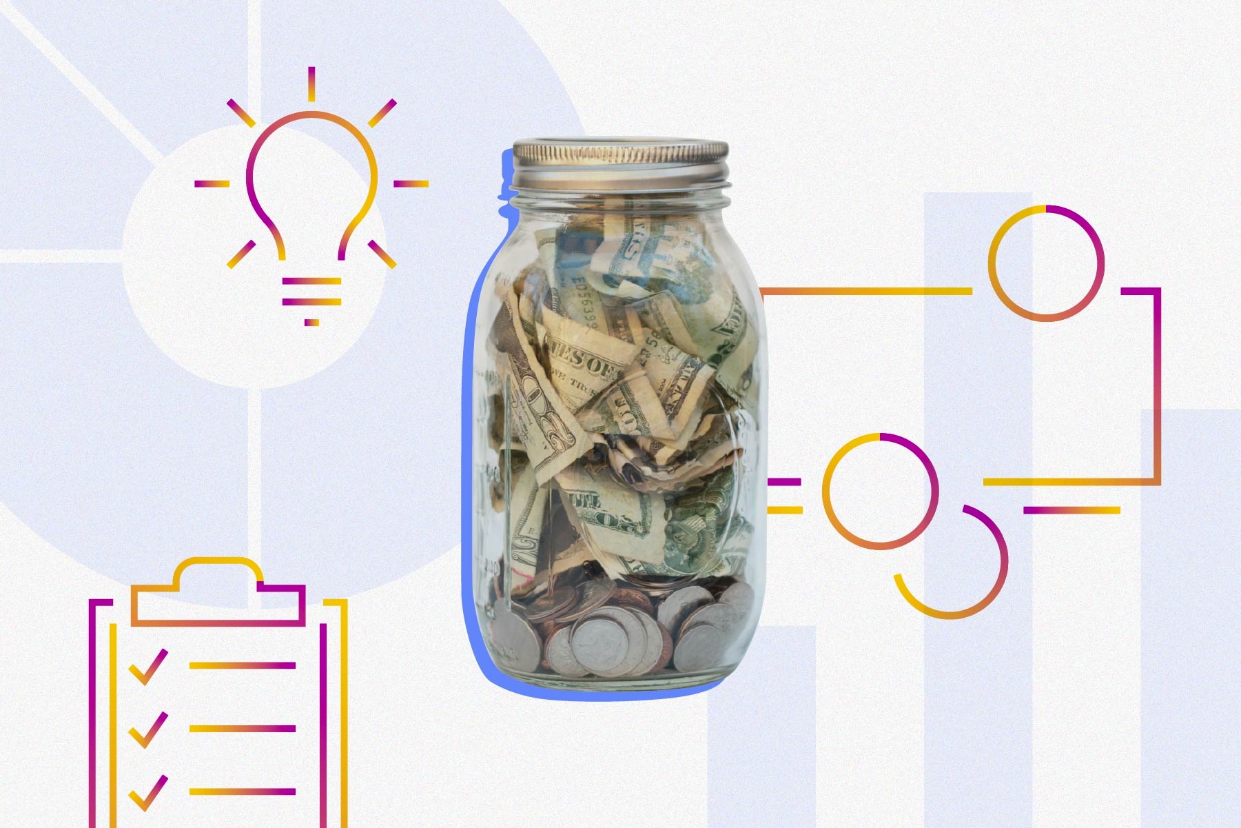 Collage of cash filled Mason jar with illustrative icons of illuminated light bulb, money and to-do list.